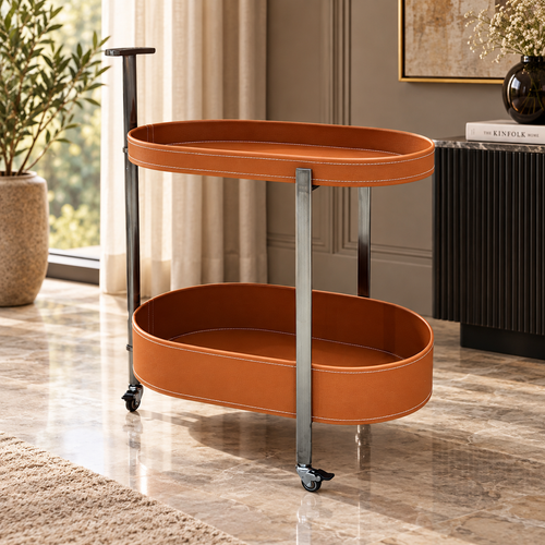Modern 2 Layer Leatherette Oval Rolling Bar Trolley
