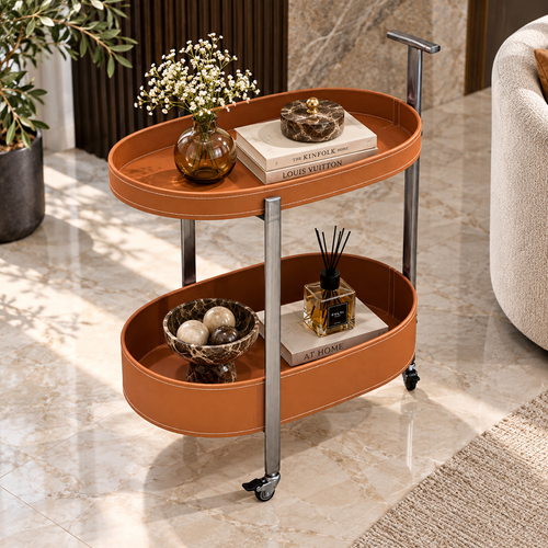 Modern 2 Layer Leatherette Oval Rolling Bar Trolley