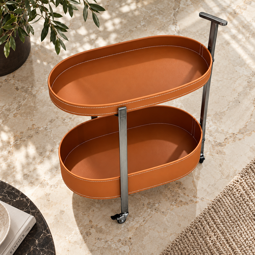 Modern 2 Layer Leatherette Oval Rolling Bar Trolley