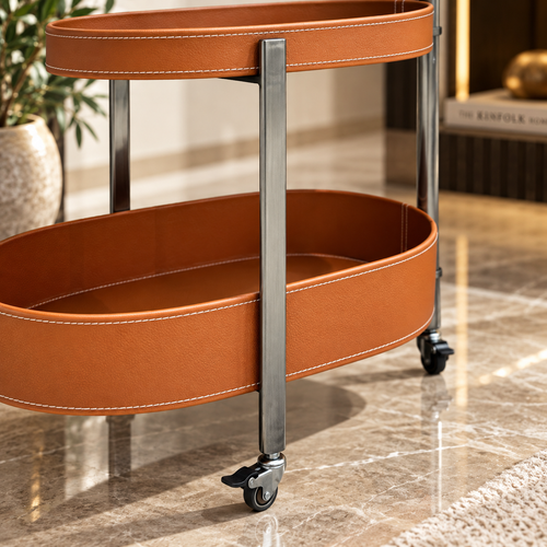 Modern 2 Layer Leatherette Oval Rolling Bar Trolley