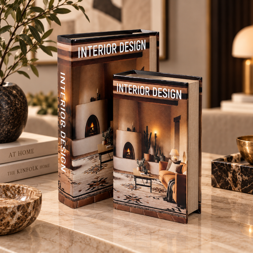 Modern Fireplace Scene Storage Book 2 Piece Set