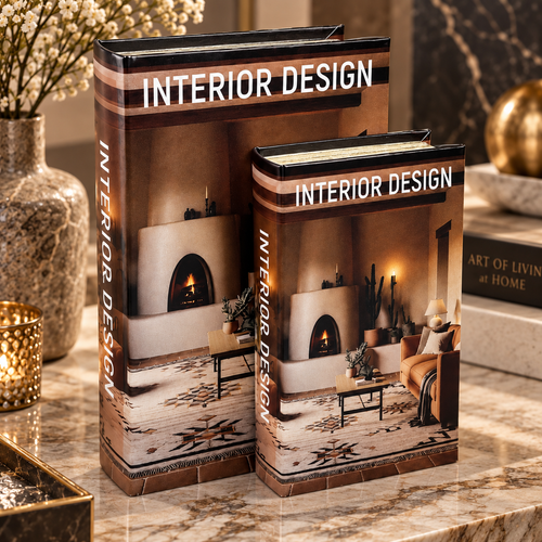 Modern Fireplace Scene Storage Book 2 Piece Set