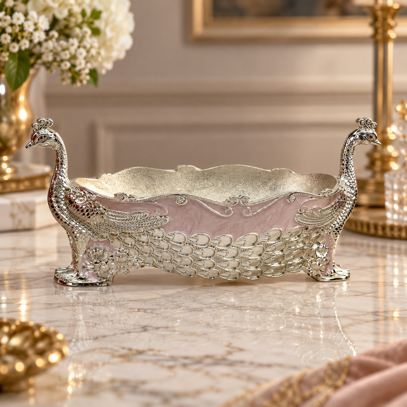 Elegant Silver & Pink Peacock Decorative Bowl