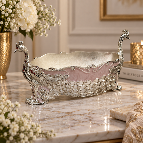Elegant Silver & Pink Peacock Decorative Bowl
