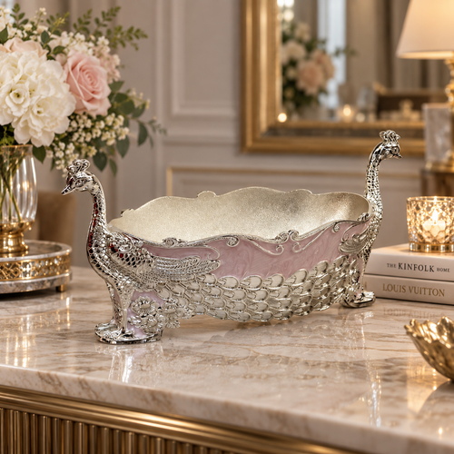 Elegant Silver & Pink Peacock Decorative Bowl