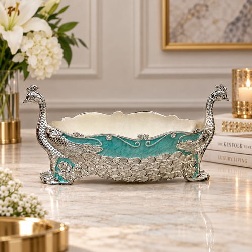 Elegant Silver & Turquoise Peacock Decorative Bowl