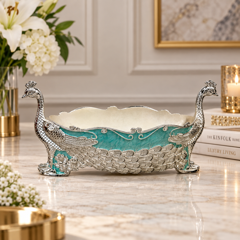 Elegant Silver & Turquoise Peacock Decorative Bowl