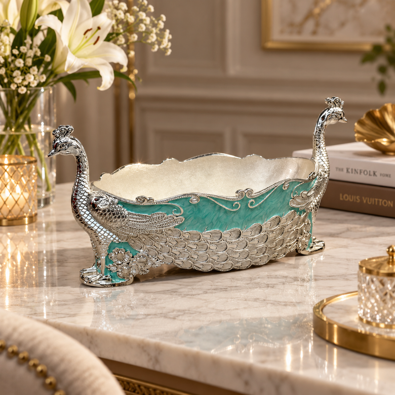 Elegant Silver & Turquoise Peacock Decorative Bowl