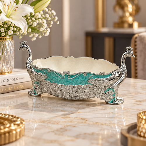 Elegant Silver & Turquoise Peacock Decorative Bowl
