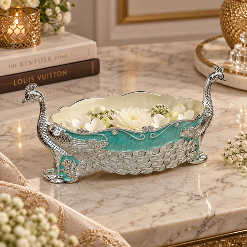 Elegant Silver & Turquoise Peacock Decorative Bowl