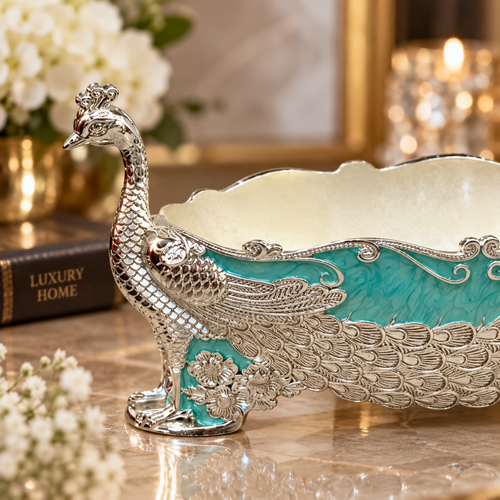 Elegant Silver & Turquoise Peacock Decorative Bowl