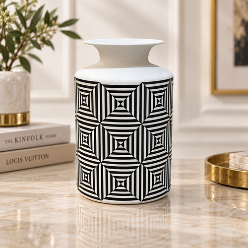 Modern Black & White Geometric Metal Vase