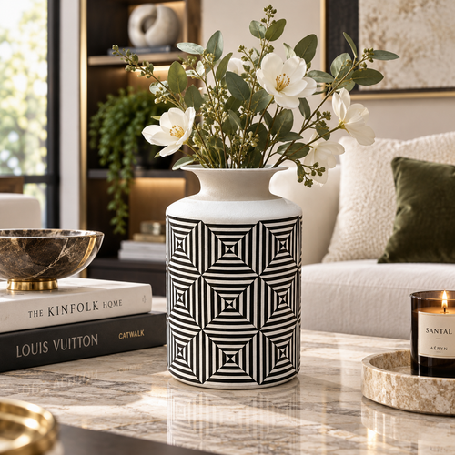 Modern Black & White Geometric Metal Vase