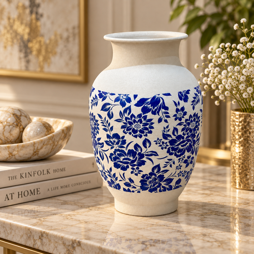 Modern Blue & White Floral Metal Vase