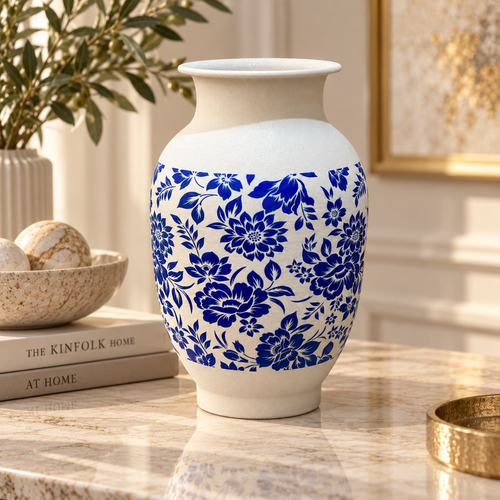 Modern Blue & White Floral Metal Vase