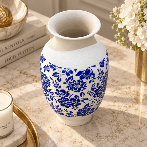 Modern Blue & White Floral Metal Vase
