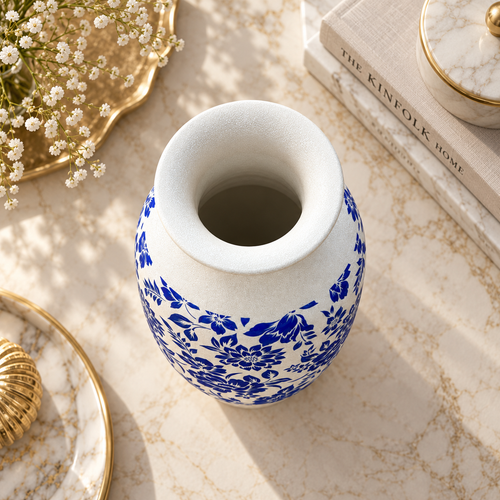 Modern Blue & White Floral Metal Vase