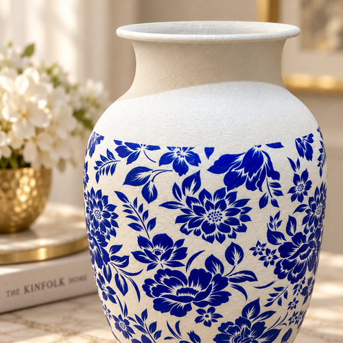 Modern Blue & White Floral Metal Vase