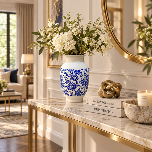 Modern Blue & White Floral Metal Vase