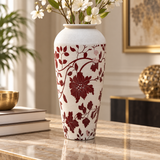 Modern Maroon & White Floral Metal Vase