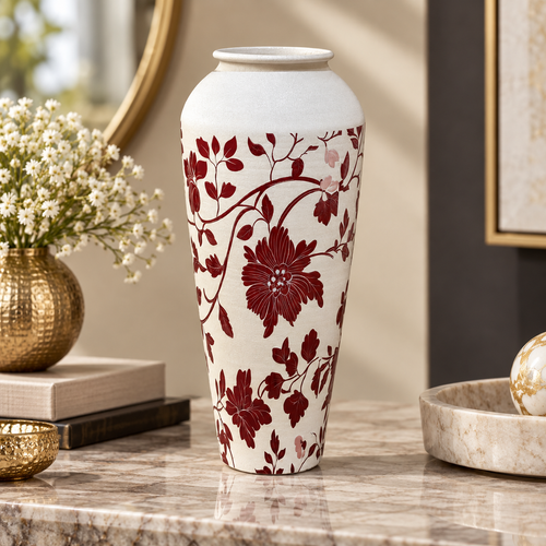 Modern Maroon & White Floral Metal Vase