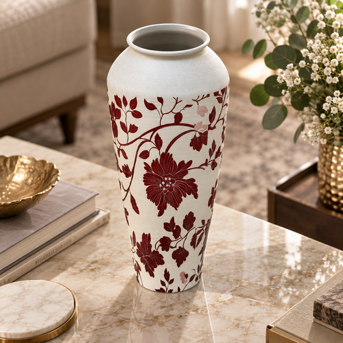 Modern Maroon & White Floral Metal Vase