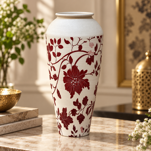 Modern Maroon & White Floral Metal Vase