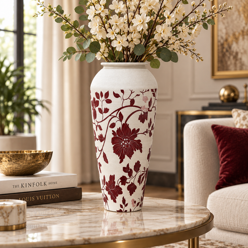 Modern Maroon & White Floral Metal Vase