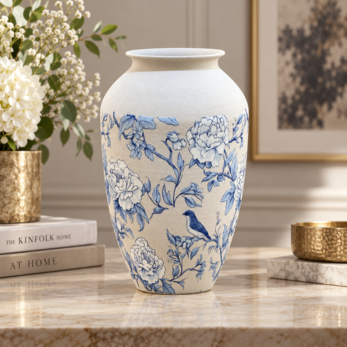 Modern Blue & White Floral Bird Metal Vase