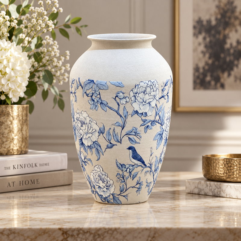 Modern Blue & White Floral Bird Metal Vase