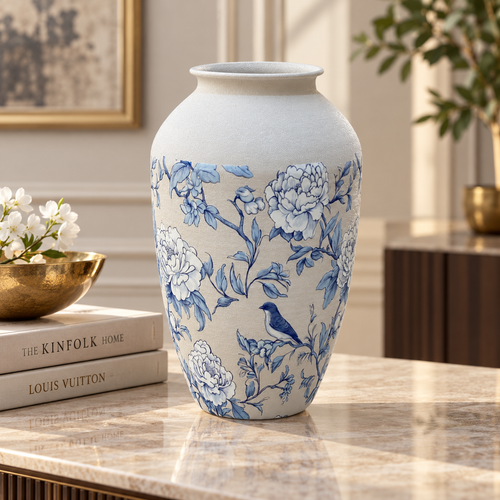 Modern Blue & White Floral Bird Metal Vase