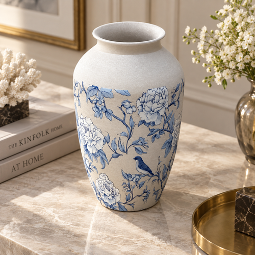 Modern Blue & White Floral Bird Metal Vase