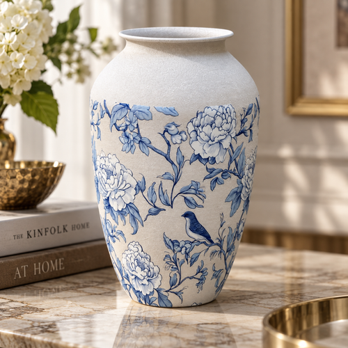 Modern Blue & White Floral Bird Metal Vase