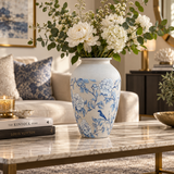 Modern Blue & White Floral Bird Metal Vase
