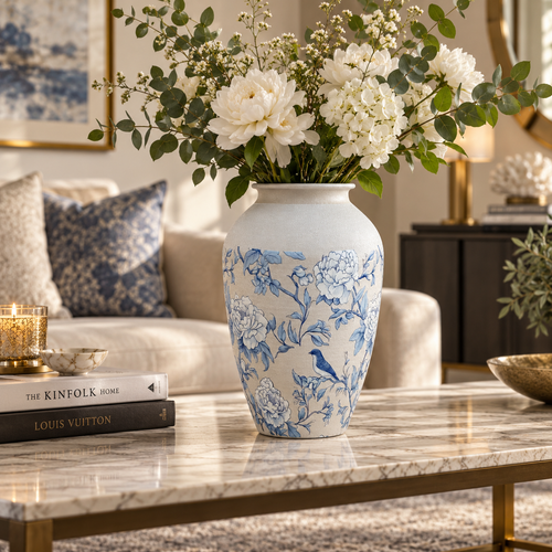 Modern Blue & White Floral Bird Metal Vase