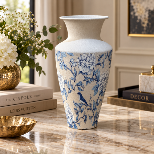 Modern Blue & White Floral Bird Metal Vase