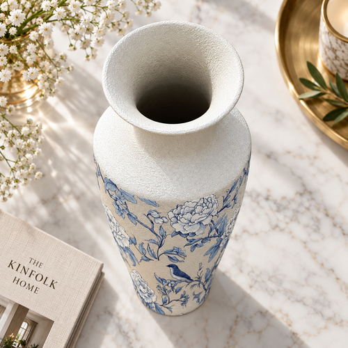Modern Blue & White Floral Bird Metal Vase