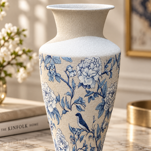 Modern Blue & White Floral Bird Metal Vase