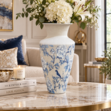 Modern Blue & White Floral Bird Metal Vase