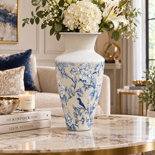 Modern Blue & White Floral Bird Metal Vase