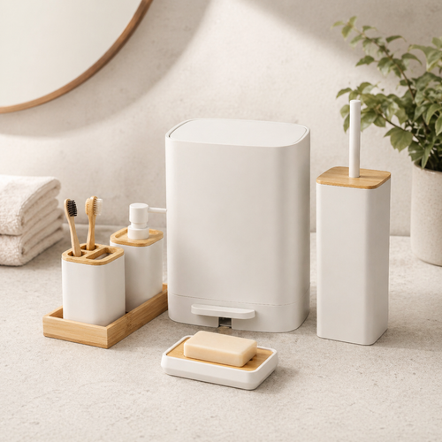 Minimalist Bathroom Accessories Set with Bamboo Accents