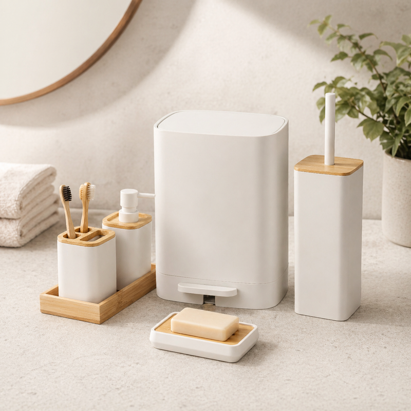 Minimalist Bathroom Accessories Set with Bamboo Accents