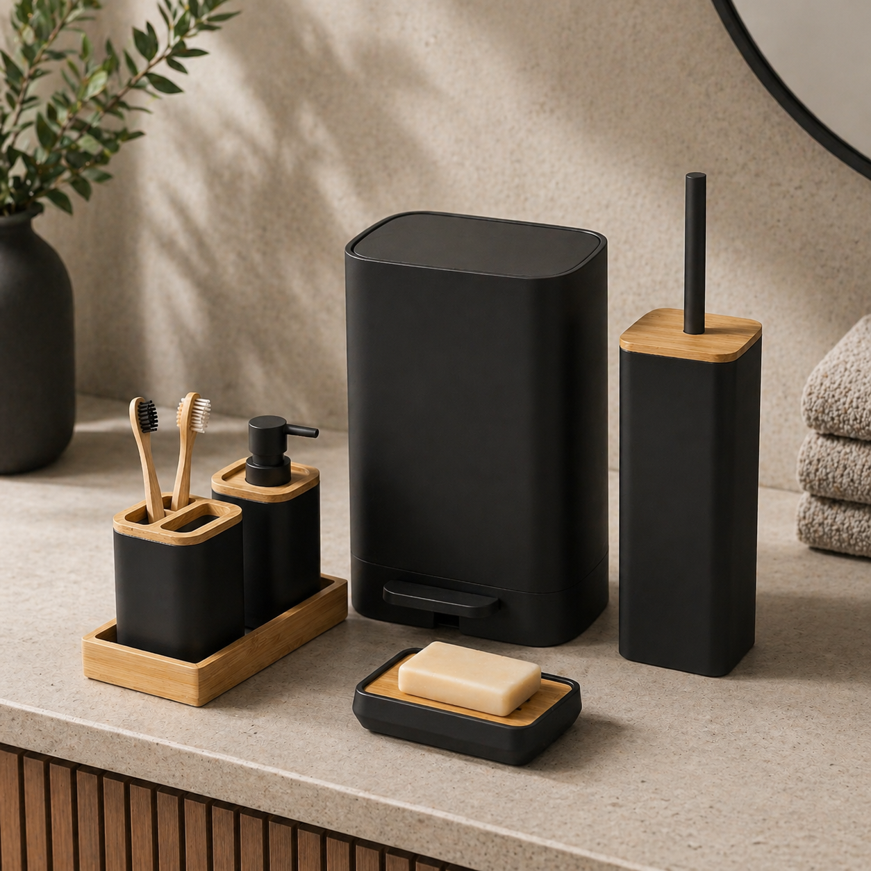 Minimalist Bathroom Accessories Set with Bamboo Accents