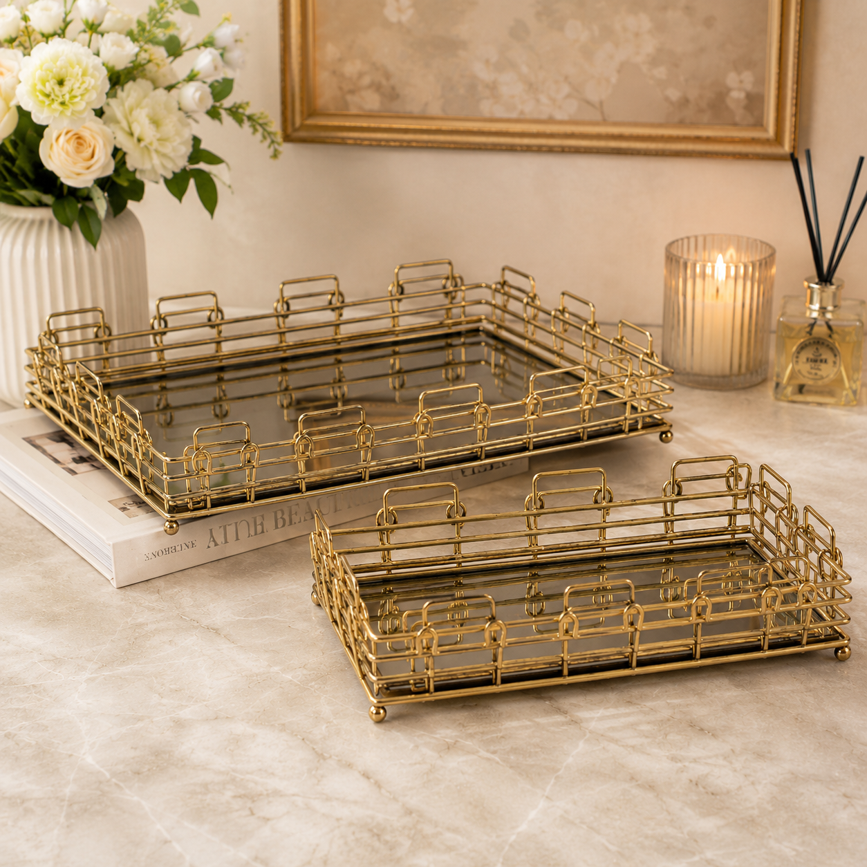 Imperial Gold Vanity Trays with Mirrored Bases Set of 2