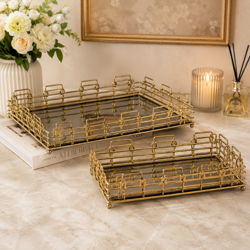 Imperial Gold Vanity Trays with Mirrored Bases Set of 2