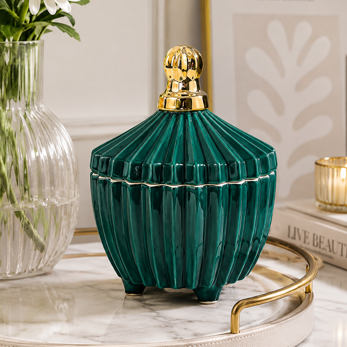 Luxury Ribbed Ceramic Candy Jar