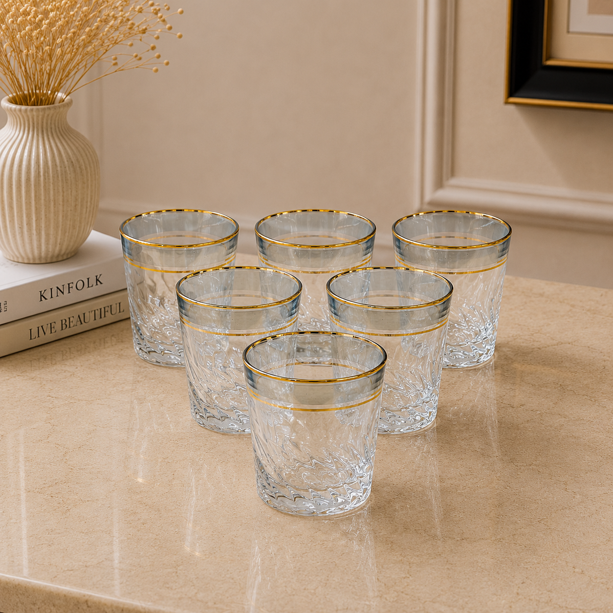 Blue Gold-Rimmed Glasses Set of 6