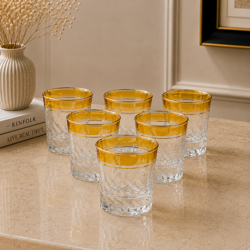 Amber Gold-Rimmed Glasses Set of 6