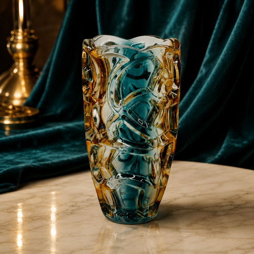 Elegant Amber & Teal Organic Glass Vase