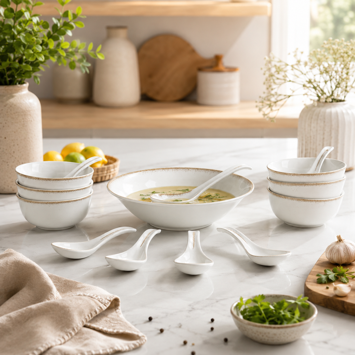 Gold-Rimmed Soup Set with Serving Spoons
